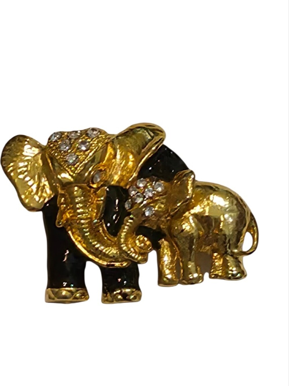 Vintage Gold Tone Elephant Family Brooch Black Enamel Rhinestone Pin